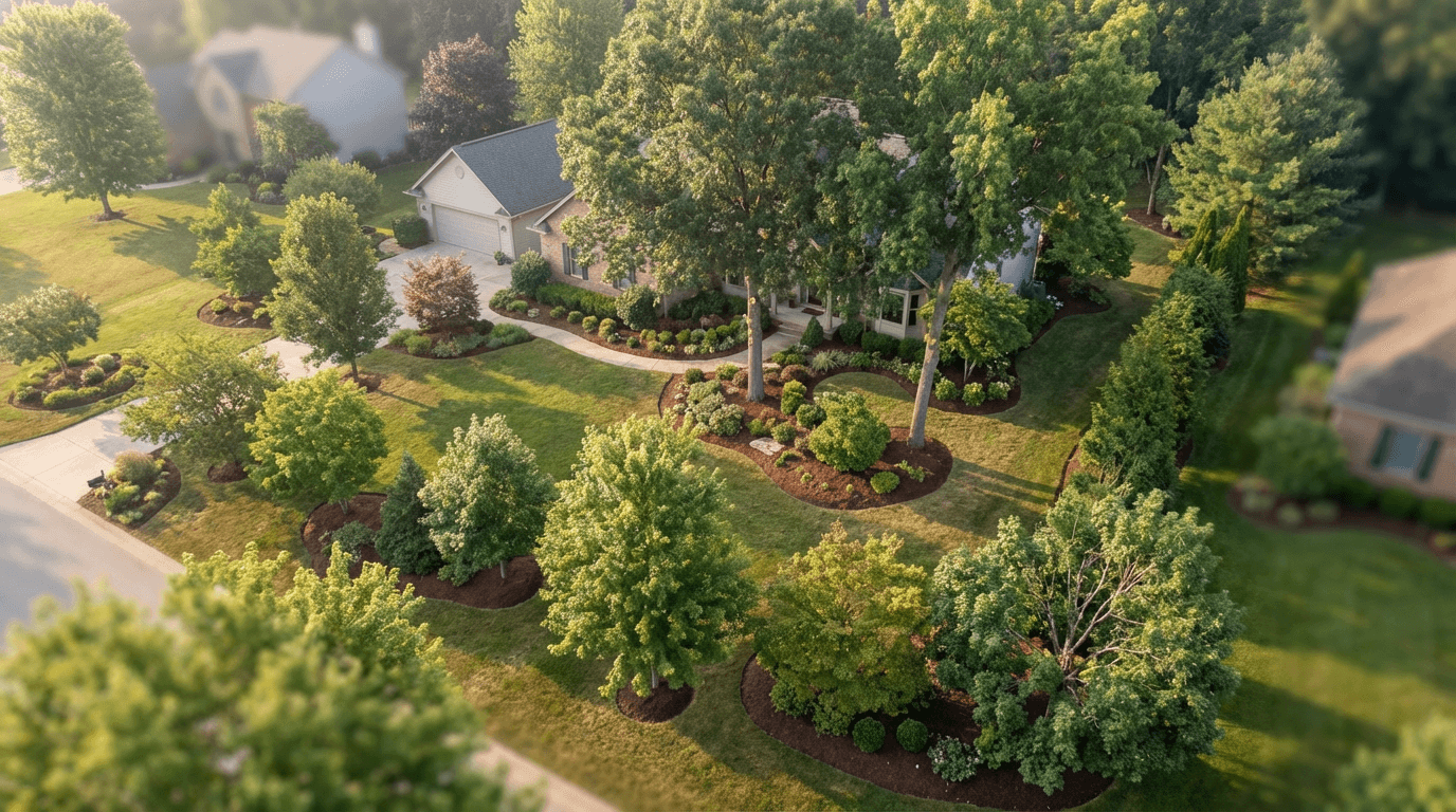 Overhead view of well-maintained residential landscape with healthy trees and organized grounds, demonstrating professional care.