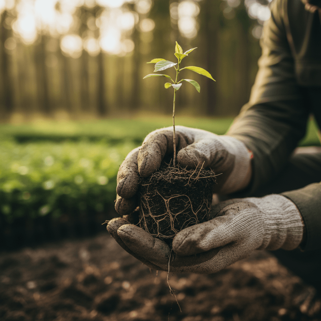 Forester's hands holding young sapling seedling with visible roots and soil in nursery setting