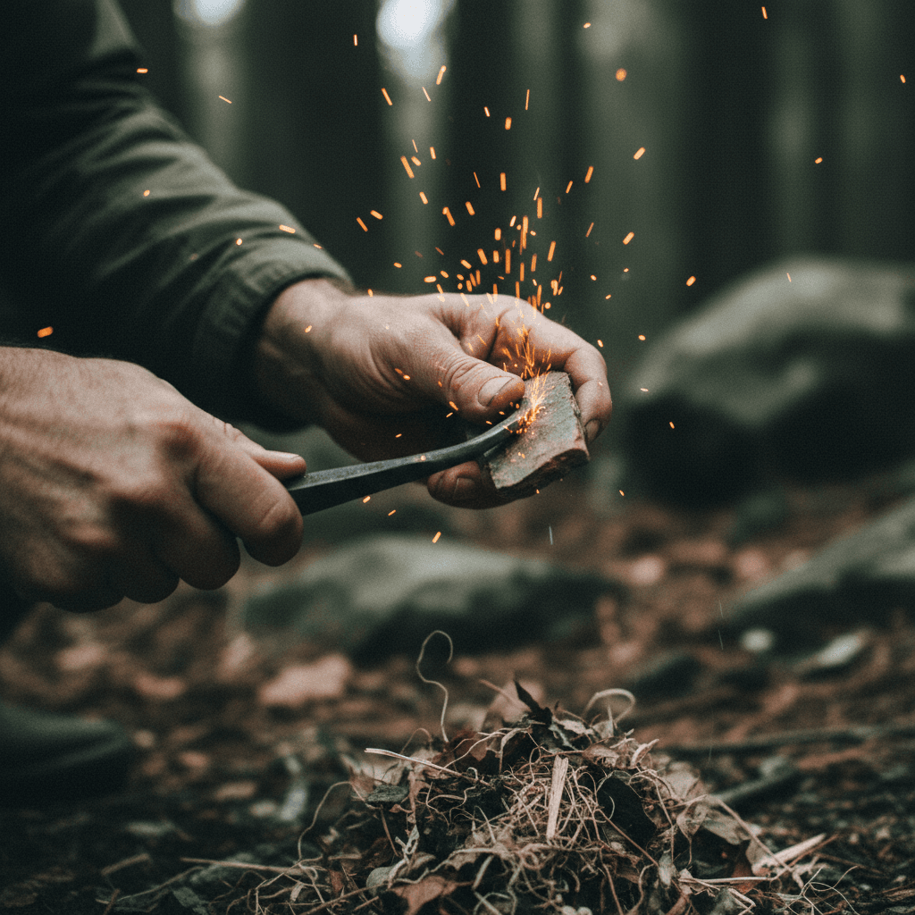 Weathered hands creating sparks with flint and steel to demonstrate primitive fire-starting technique outdoors.