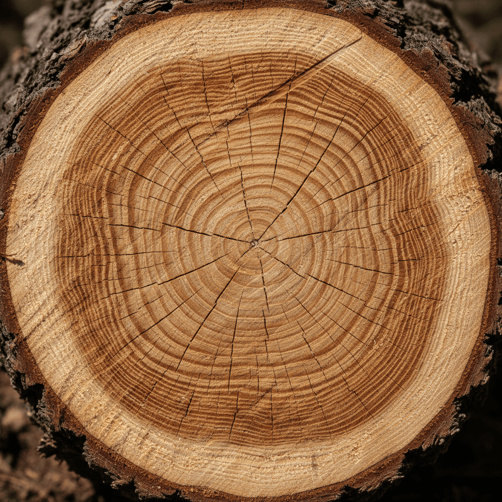 Extreme close-up of freshly cut coniferous tree cross-section displaying detailed growth rings and natural wood grain patterns
