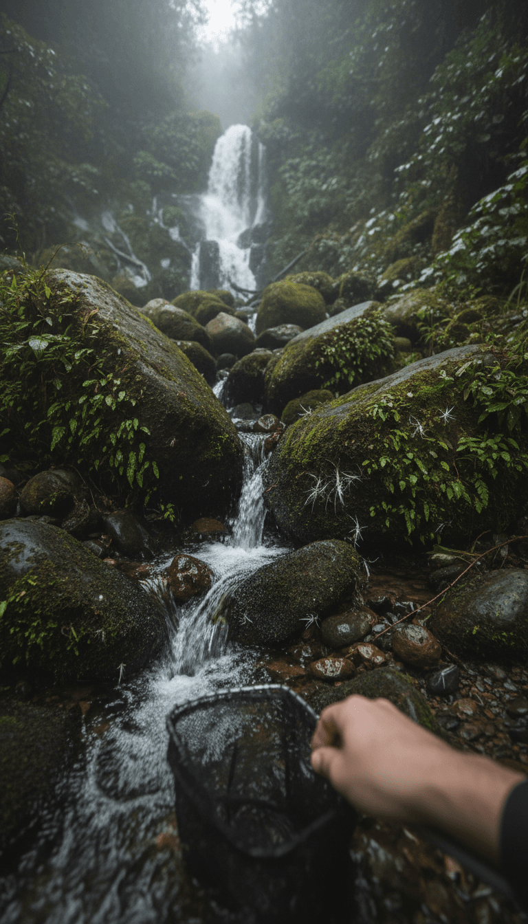 Misty waterfall and stream habitat with moss-covered rocks and submerged net for collecting aquatic insects in specialized ecosystem