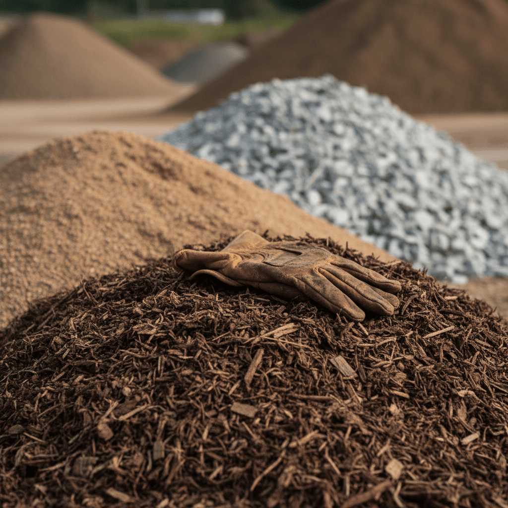 Close-up detail of processed landscape materials including dark mulch, tan loam, and gray gravel piles with work glove